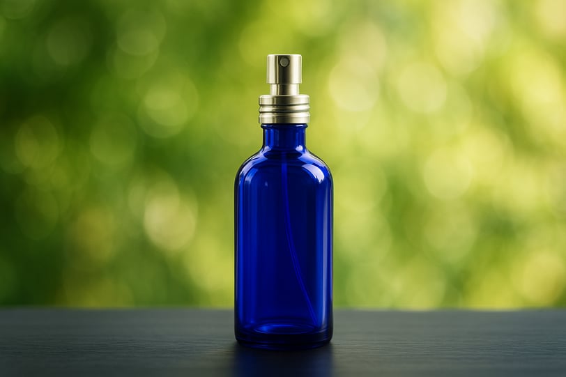 a blue bottle of hydrosol with a gold cap