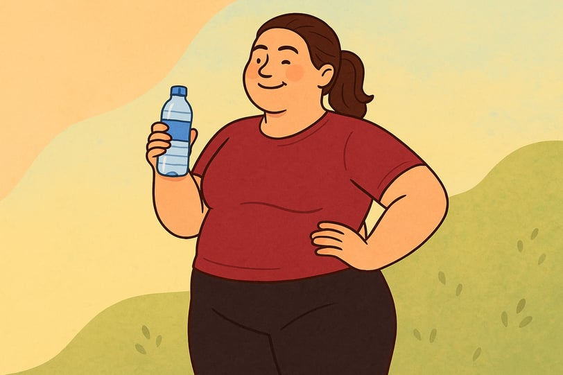 Cartoon of a plus-size woman in workout clothes holding a water bottle, symbolizing hydration and weight loss