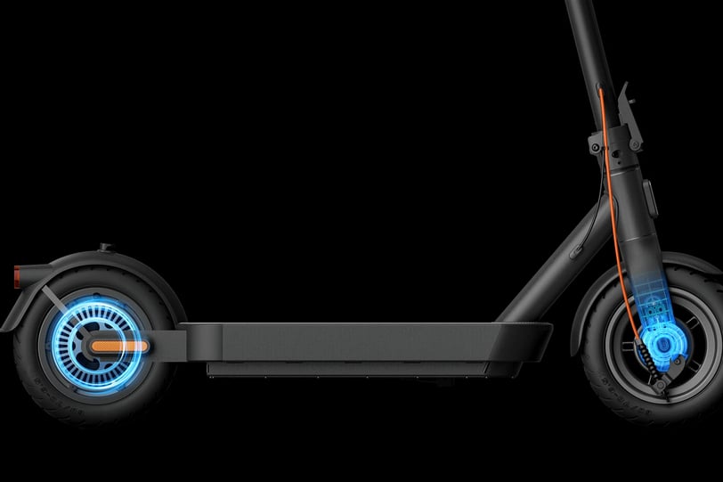 a scooter with a blue wheel and a black background