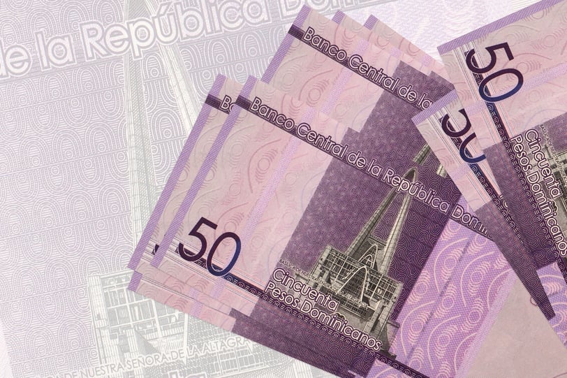 50 Dominican peso bills featuring Basílica de Higüey, Dominican Republic currency close-up