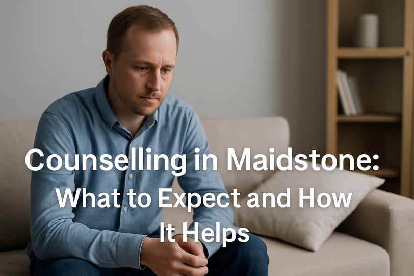 Man sitting on sofa looking thoughtful. Text reads: Counselling in Maidstone – What to Expect and How It Helps