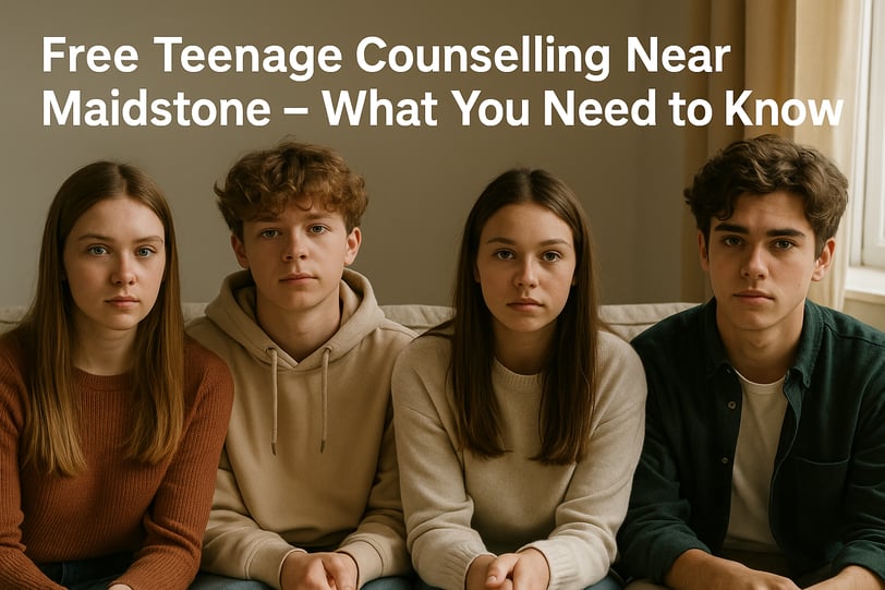 Group of teenage boys and girls sitting outdoors, talking supportively. Text reads: Free Teenage Counselling Near Maidstone