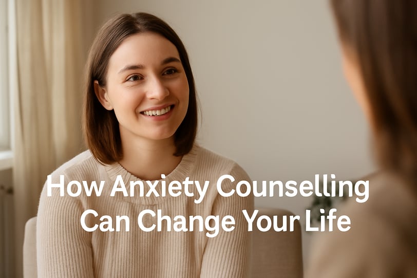 Smiling woman in a cream sweater during a counselling session. Text reads How Anxiety Counselling Can Change Your Life.