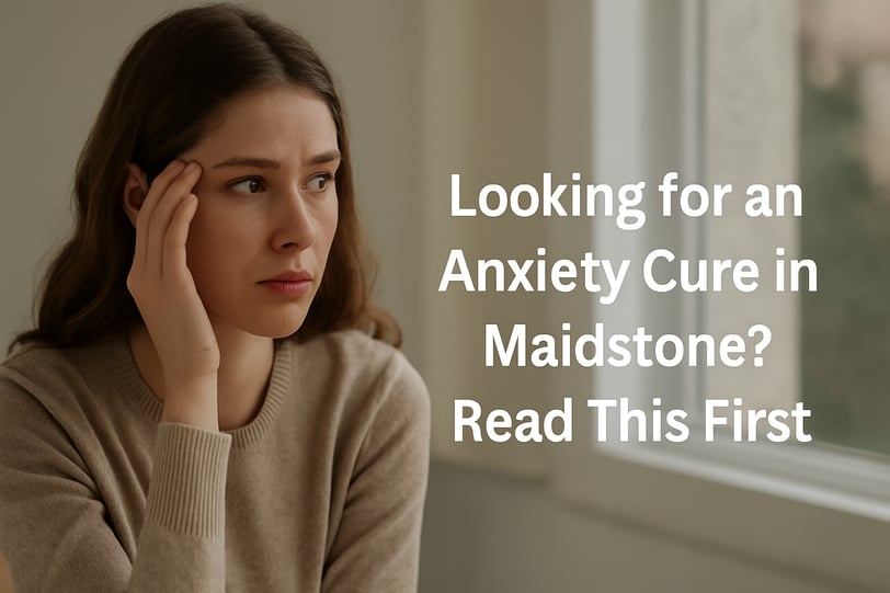 Concerned woman sits by a window in soft light. Text reads: Looking for an Anxiety Cure in Maidstone? Read This First.