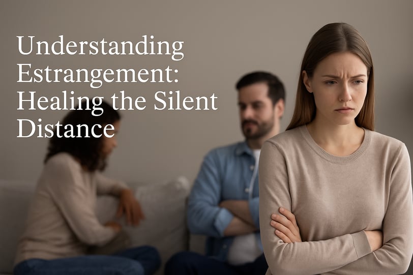 Three people sitting apart with tense expressions, highlighting emotional distance.
