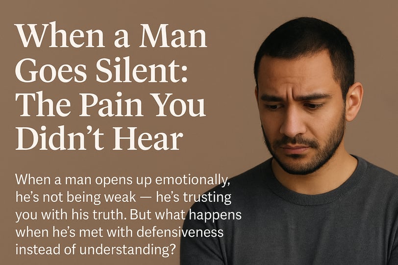 Pensive man beside blog headline on male emotional silence and vulnerability.