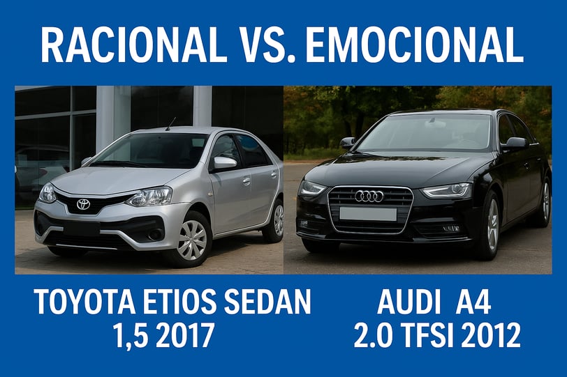 Comparativo entre Toyota Etios Sedan 1.5 2017 e Audi A4 2.0 TFSI 2012, ilustrando uma compra raciona