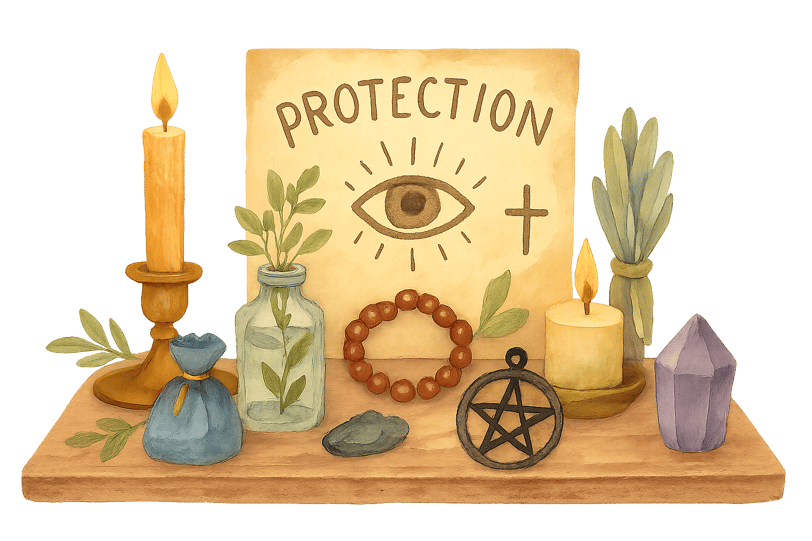 watercolor illustration of an altar full of magical protection items spellboundandstunning.com