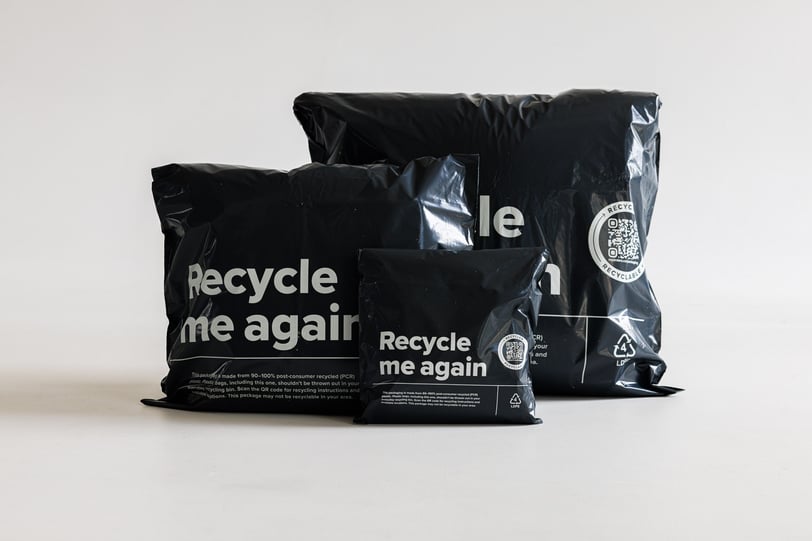 three black recyclable mailers in different sizes
