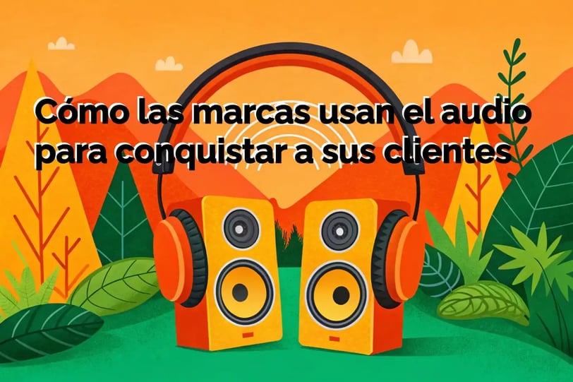 Imagen prediseñada de unos auriculares sobre unos altavoces con una paleta de colores consistentes
