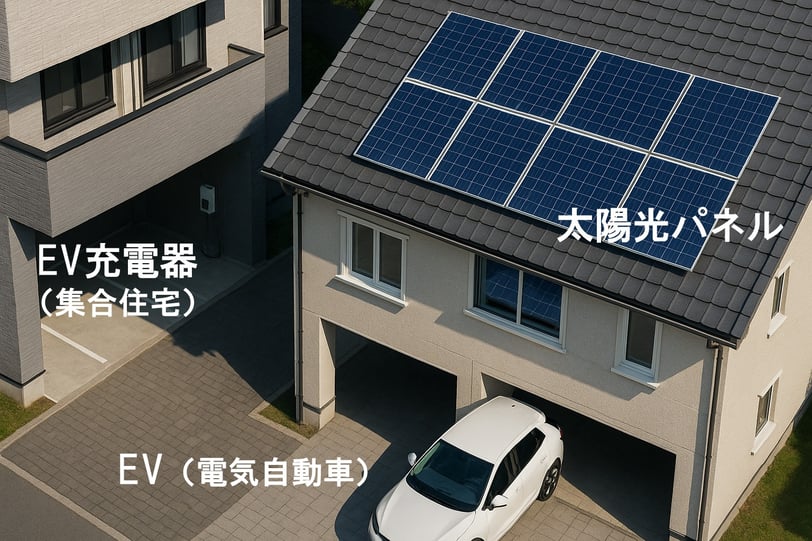 堺市の補助事業である太陽光パネルやEV充電器など機器が住宅に設置されている画像