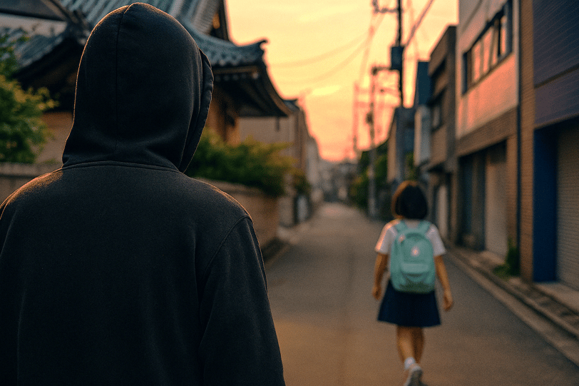 不審者が女児の後ろを歩く画像
