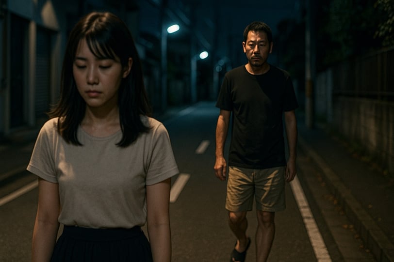 深夜の住宅街で不審な男が女性を尾行している画像