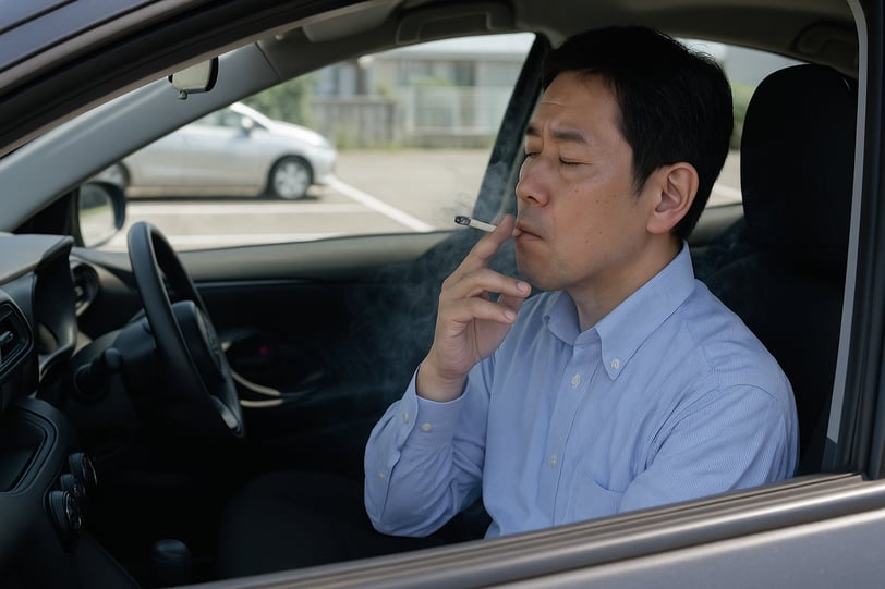 教職員が車内でタバコを吸っている画像