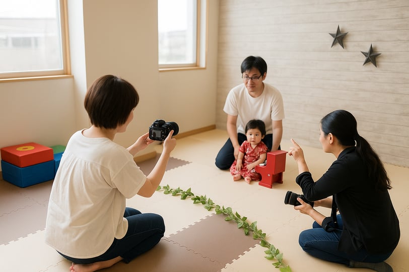 屋内でプロのカメラマン(女性)が写真撮影を依頼している親にしながらモデルの子どもを写真撮影している様子