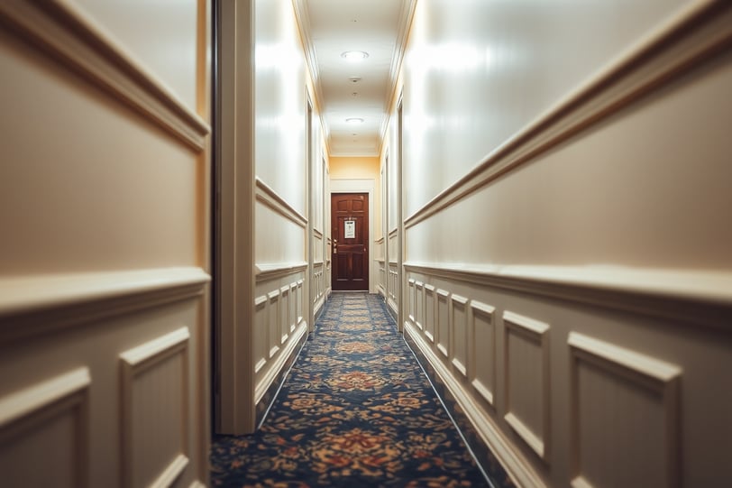 a hallway with a door leading to a door way with wainscoting