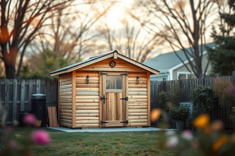 a small wooden shed in a backyard