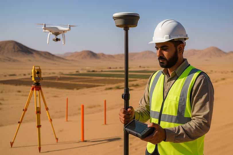 مساح سعودي يستخدم جهاز GPS في صحراء مفتوحة، مع وجود طائرة درون وجهاز توتال ستيشن في الخلفية، يرمز إل