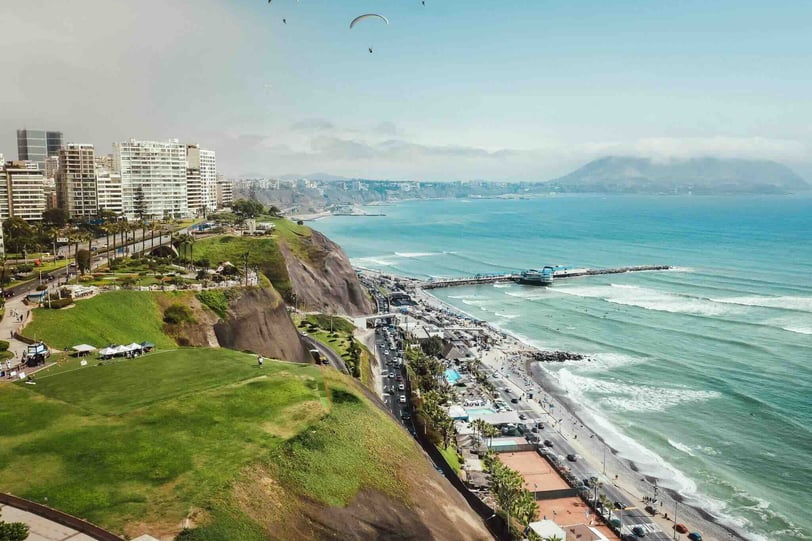 View of Lima and the vibrant Miraflores district, with its modern buildings and seaside promenade in Peru.