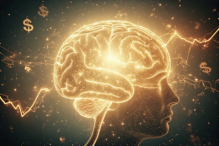Glowing brain with dollar signs and financial graphs, representing financial intelligence.