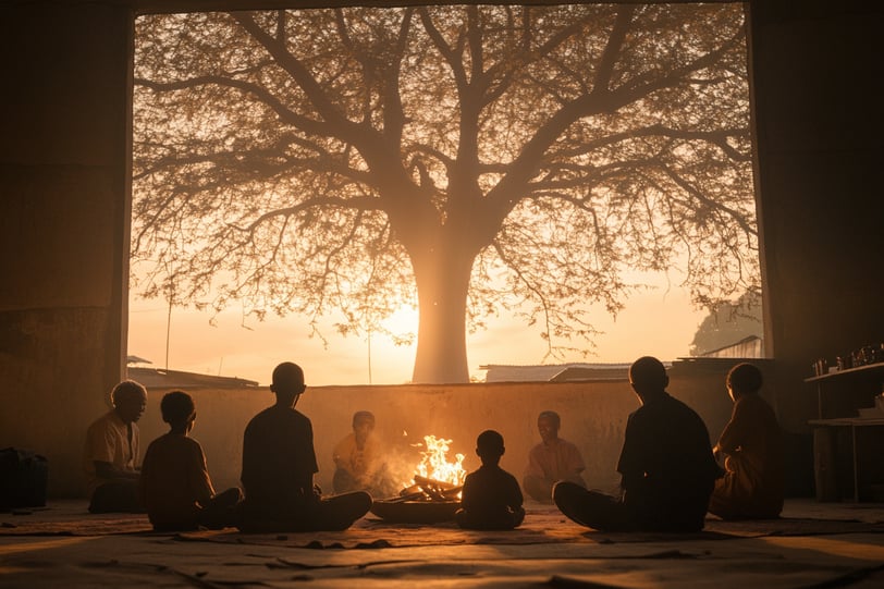 a group of people sitting around a fire pit