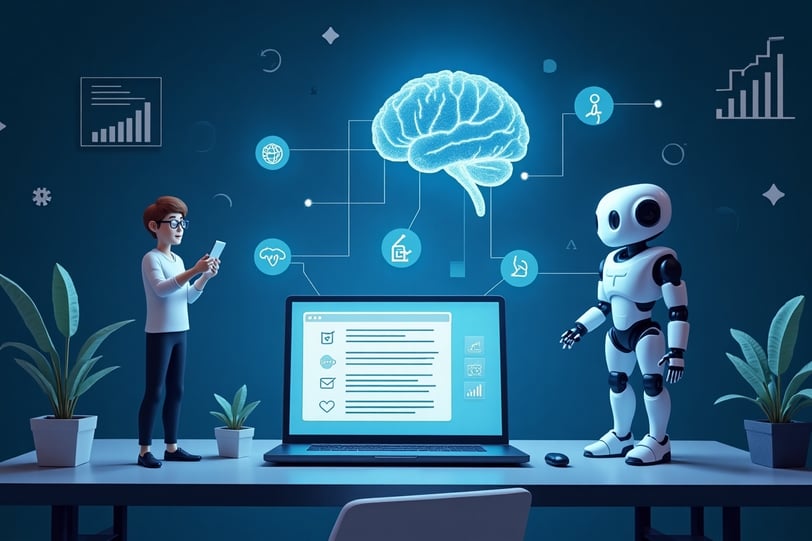 a robot with a human avatar standing next to a laptop