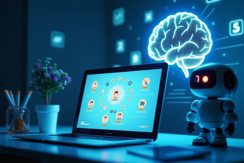 a robot with a brain map of the brain and a laptop