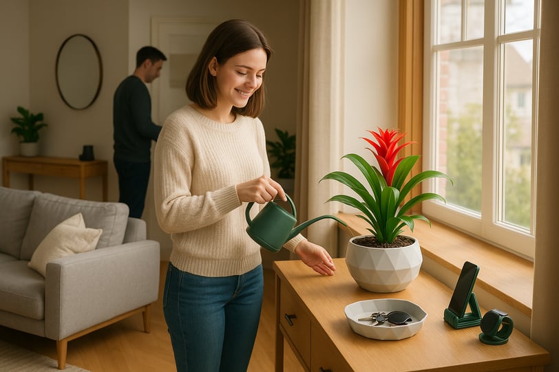 Woman with 3D-printed planter in a modern, cozy living room.