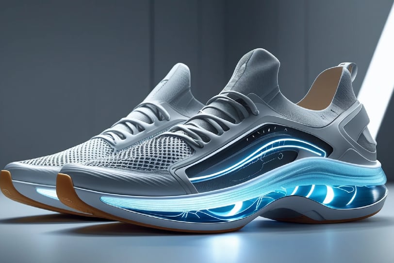 a pair of sneakers with a blue and white sole soles, create by AI