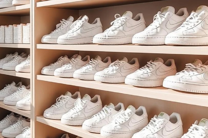 a bunch of white sneakers are on a shelf