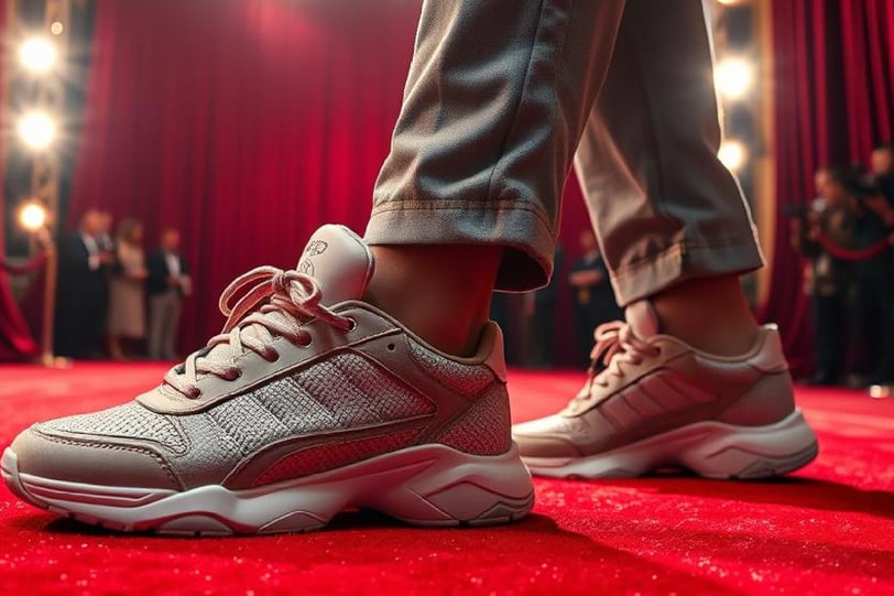 a person standing on a red carpeted with a sneaker.