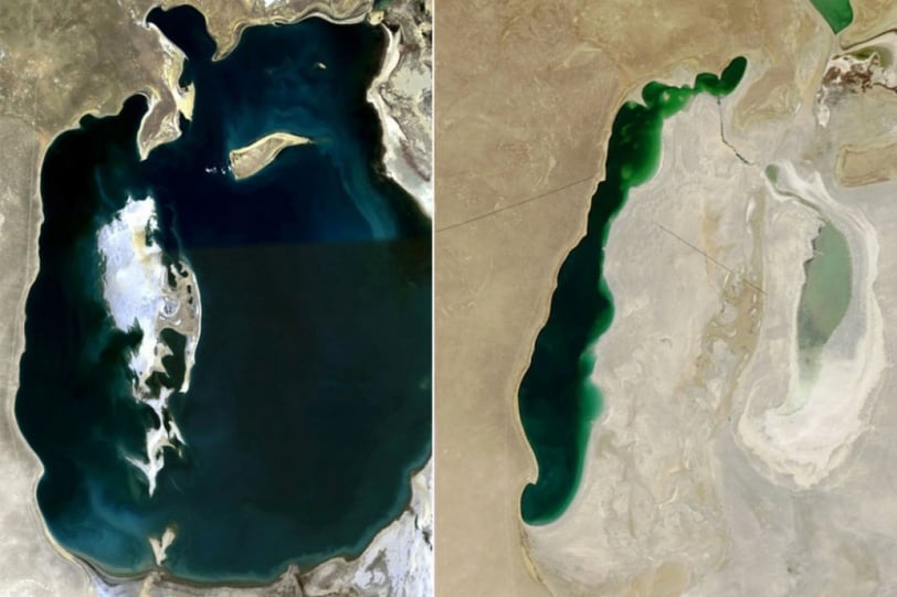 Images satellitaires de l'assèchement de la mer d'Aral entre 1989 et 2013