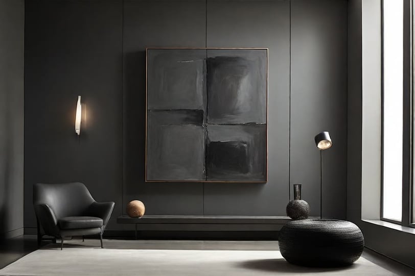 Quadro com moldura de madeira em sala rústica.