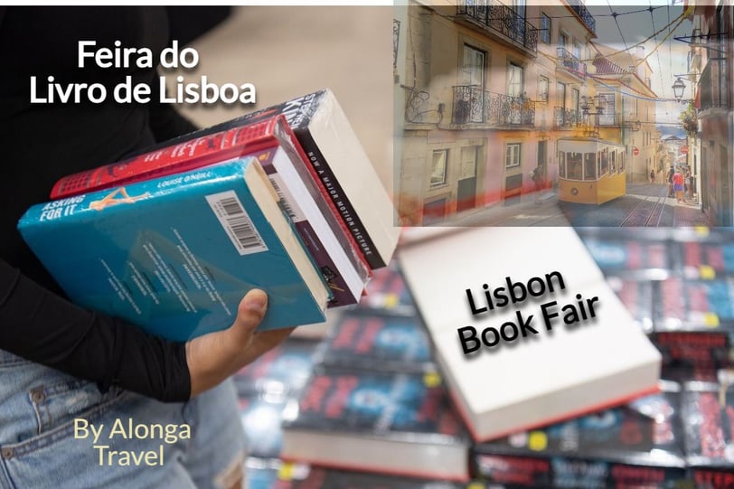 A woman holding books in front of Lisbon city scene & a custom sign: 'Lisbon Book Fair'