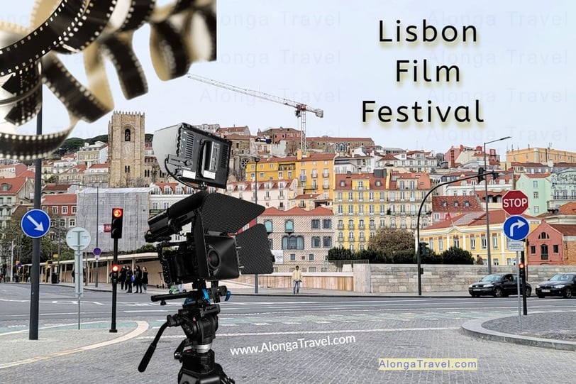 Hilltop houses in Lisbon, a black/gold film reel & a custom sign; 'Lisbon Film Festival'