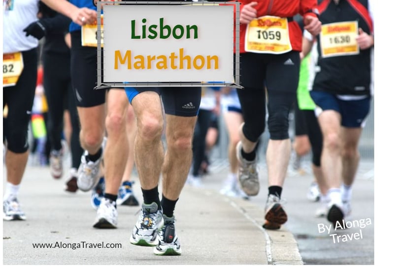 Legs of a group of people running & a custom sign: Lisbon Marathon'