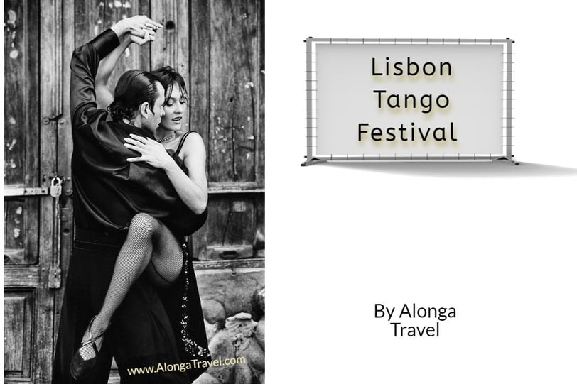 B&W shot of a couple dancing tango & a custom sign: Lisbon Tango Festival' by Alonga Travel