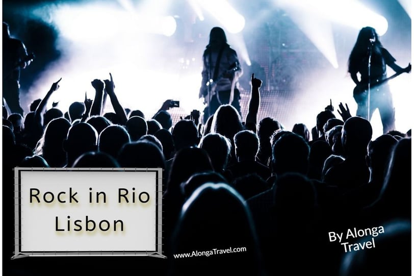 A crowd of people grooving in front of a band on stage & a custom sign: Rock in Rio Lisbon'