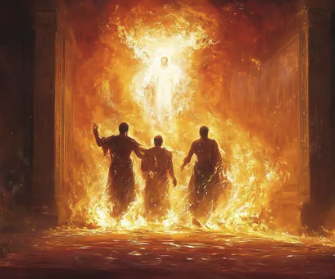 a group of people standing in front of a fire