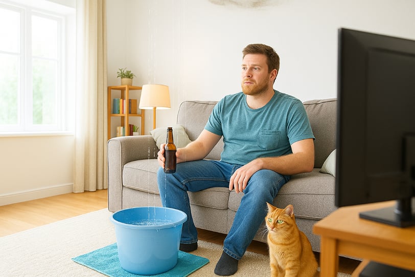 Roof Leak in Peoria Home with guy on couch drinking beer