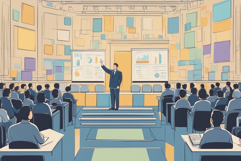a man in a suit and tie is standing in front of a classroom