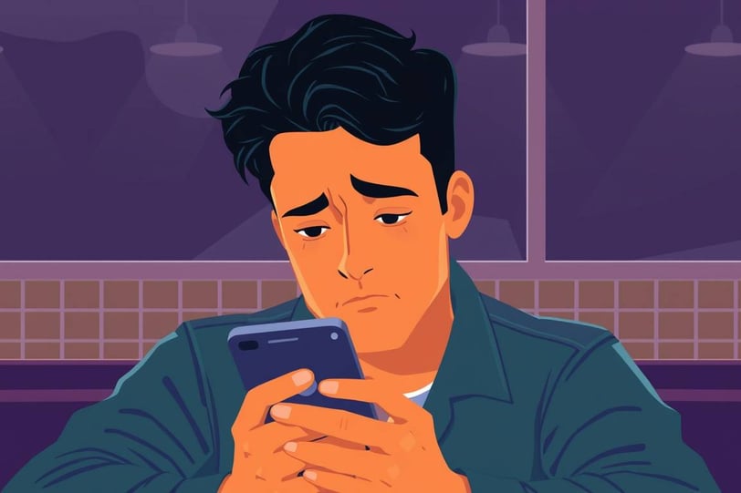 a man in a blue jacket is holding a cell phone