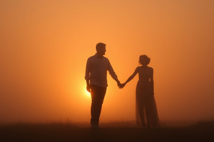 a man and woman holding hands in front of a sunset