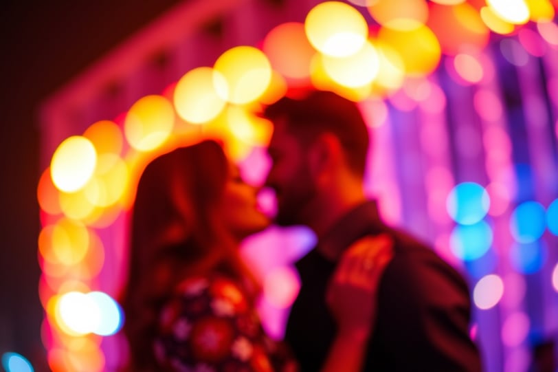 a couple kissing in front of a colorful light