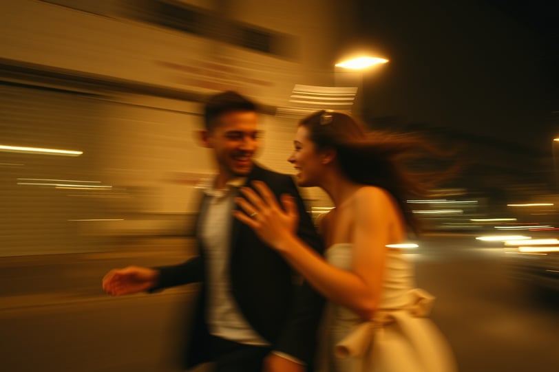 a man and woman walking down a street