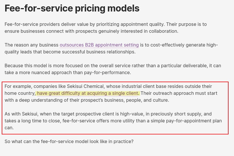 Screenshot of a Belkins case study reference and link in the article, *B2B Appointment Setting Costs