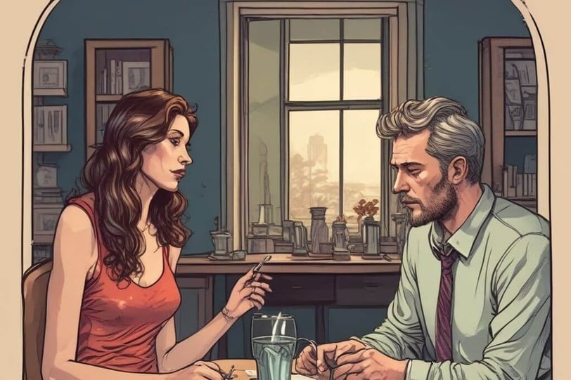 A couple sits at a table with documents, reflecting on their communication challenges in their relationship.