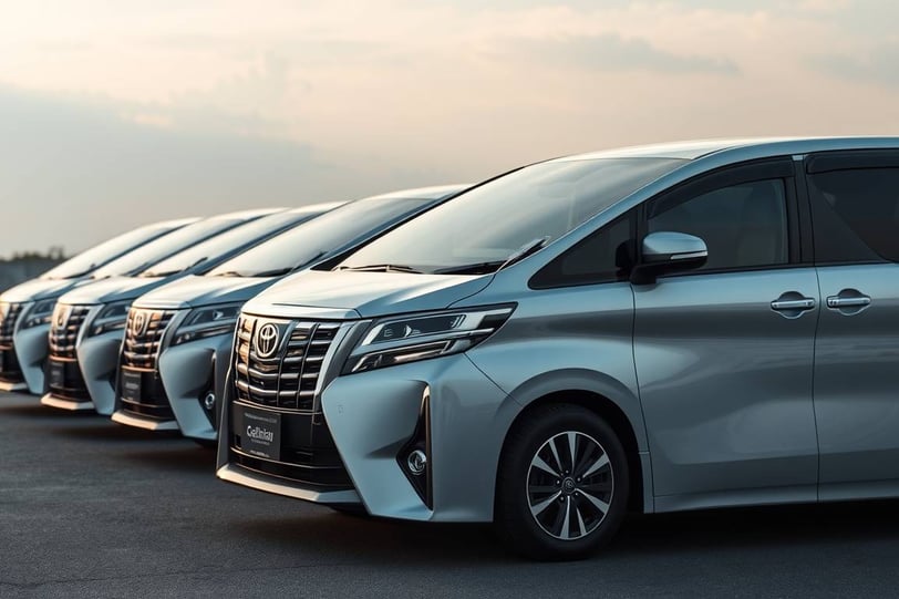 Row of Toyota Alphard luxury vans ready for airport transfers and VIP chauffeur service in Thailand
