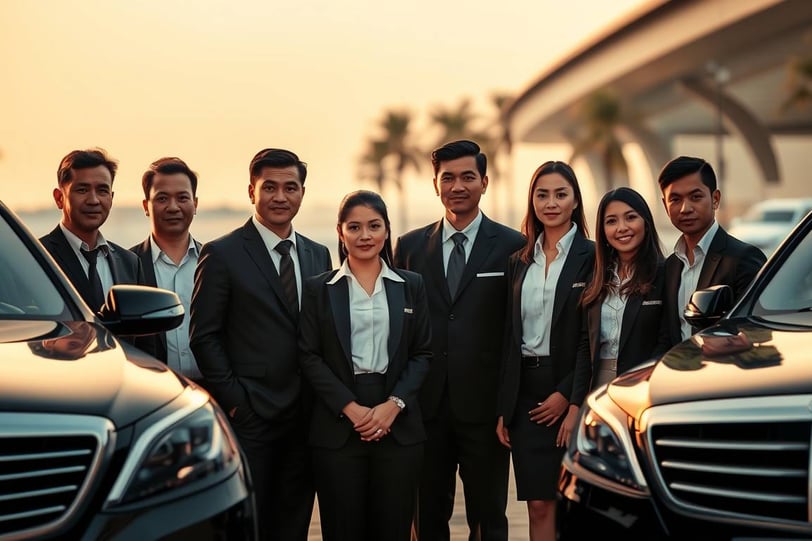 Professional GoThaiBooking chauffeur team standing beside luxury vehicles at Bangkok airport during