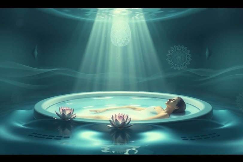 A serene and tranquil sensory deprivation tank submerged in a calming